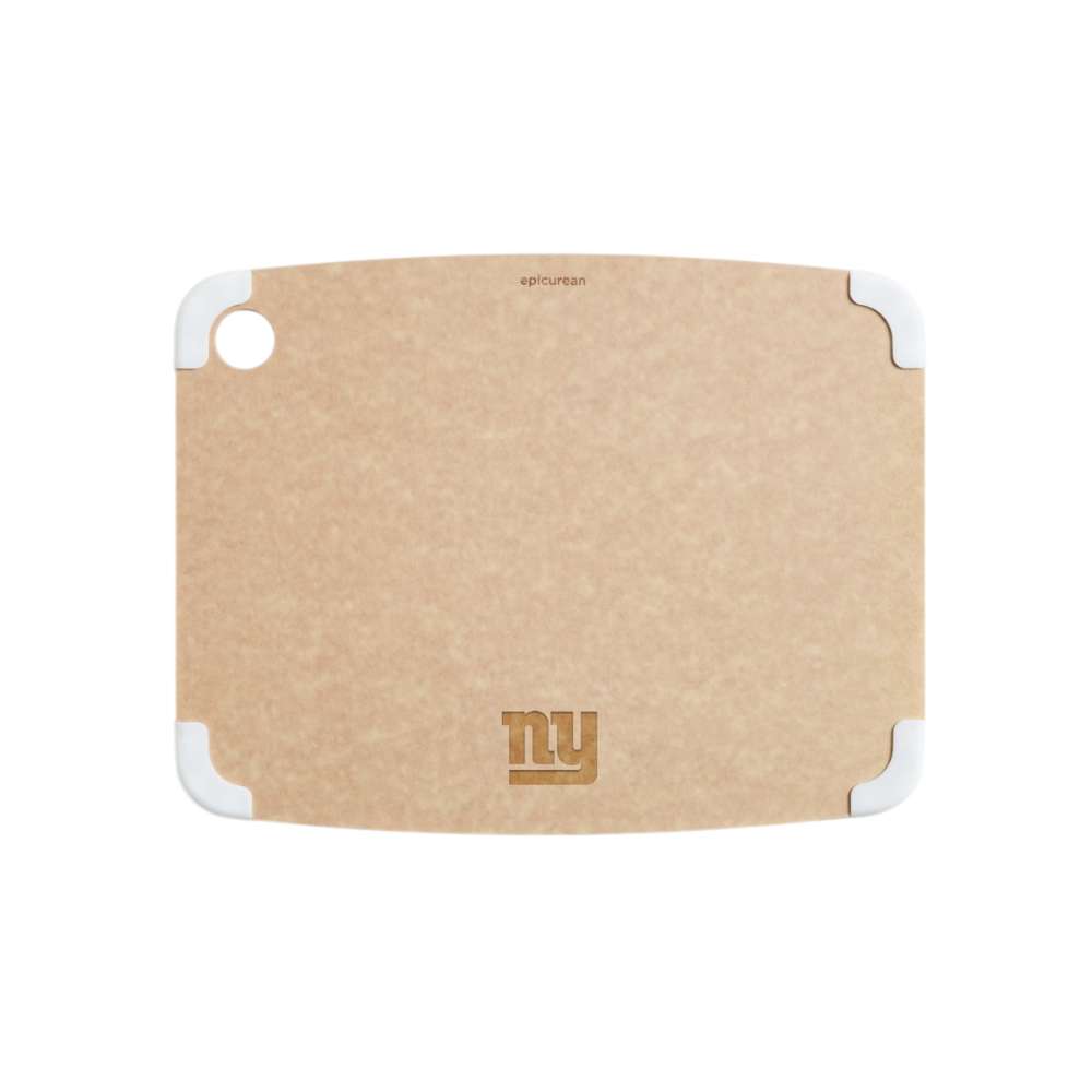 New York Giants Crate & Barrel NFL Organic Cotton Oven Mitt with Silicone Grip has a natural tan surface with white corner grips and an engraved "NY" Giants logo