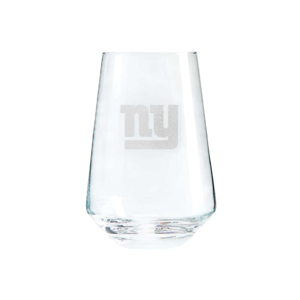 New York Giants Crate & Barrel NFL Tour 19oz Stemless Wine Glass, Set of 4 featuring the Giants “NY” logo etched on clear glass
