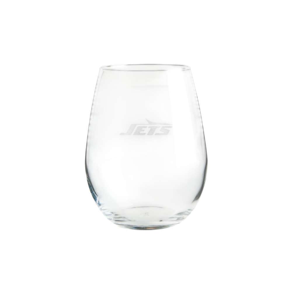 New York Jets Crate & Barrel NFL Aspen 11.75oz Stemless Wine Glass, Set of 4 featuring an etched Jets wordmark on clear glass