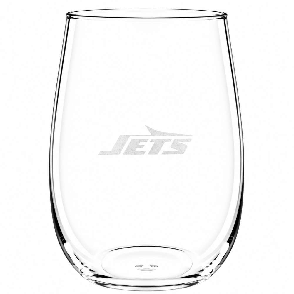 New York Jets Crate & Barrel NFL Aspen 17oz Stemless Wine Glass, Set of 4 features a clear stemless glass etched with the Jets wordmark logo