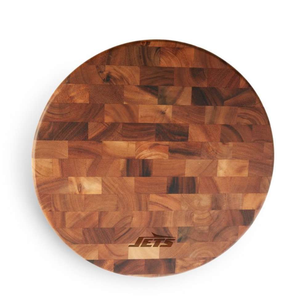 New York Jets Crate & Barrel NFL Round End Grain Cutting Board features a round wood-block design with the Jets logo near the bottom