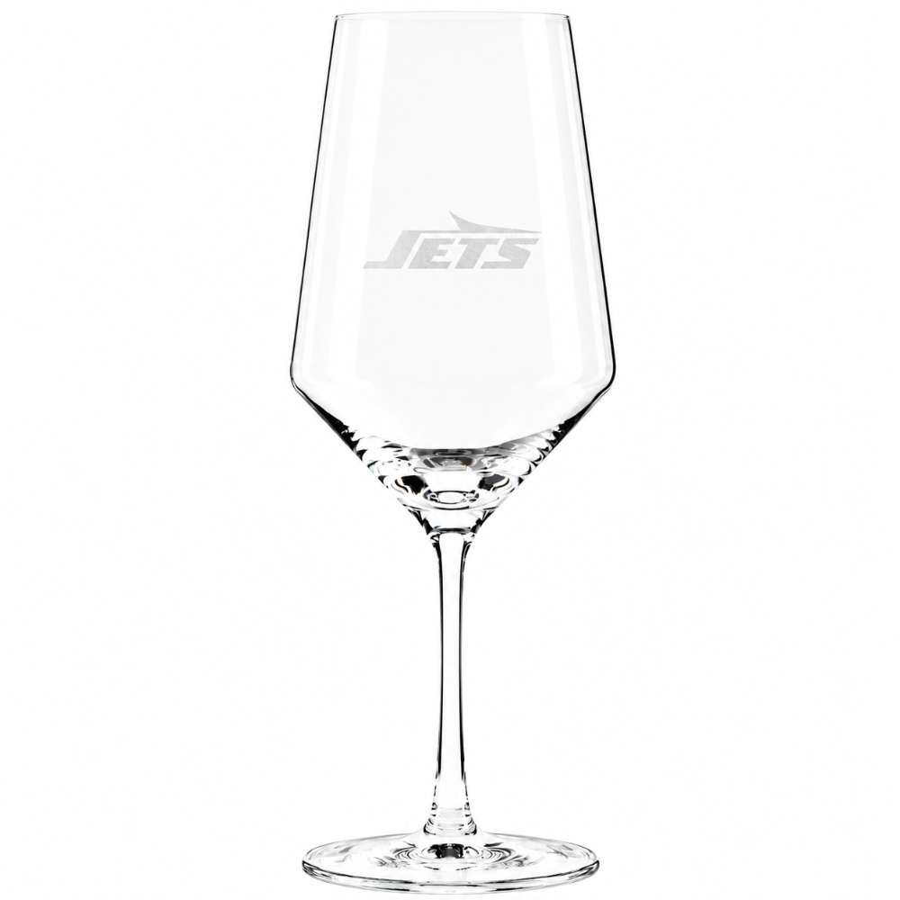 New York Jets Crate & Barrel NFL Tour 18oz Red Wine Glass, Set of 4 featuring the Jets wordmark logo etched on a clear stemmed wine glass