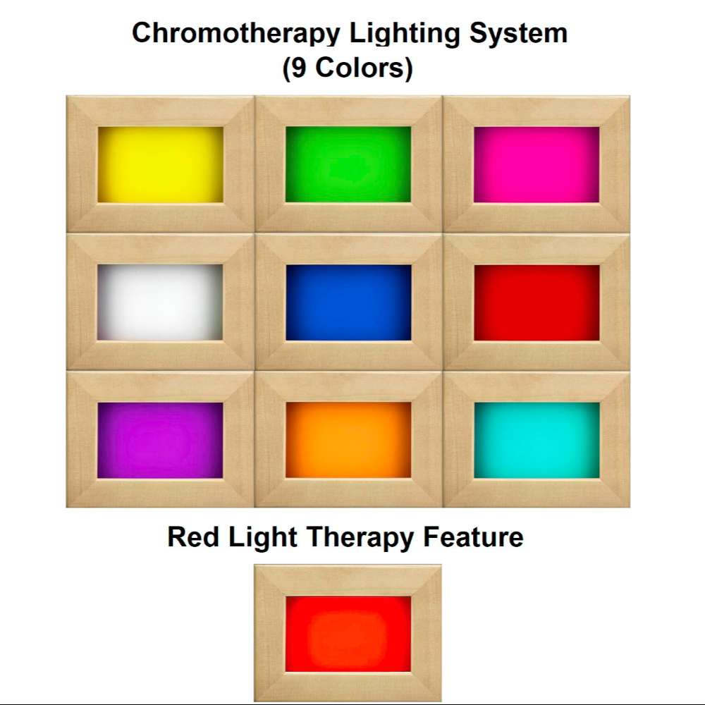 Nine chromotherapy color tiles and a red light therapy tile for Golden Designs Dynamic Heming 2 Person Low EMF Far Infrared Corner Sauna