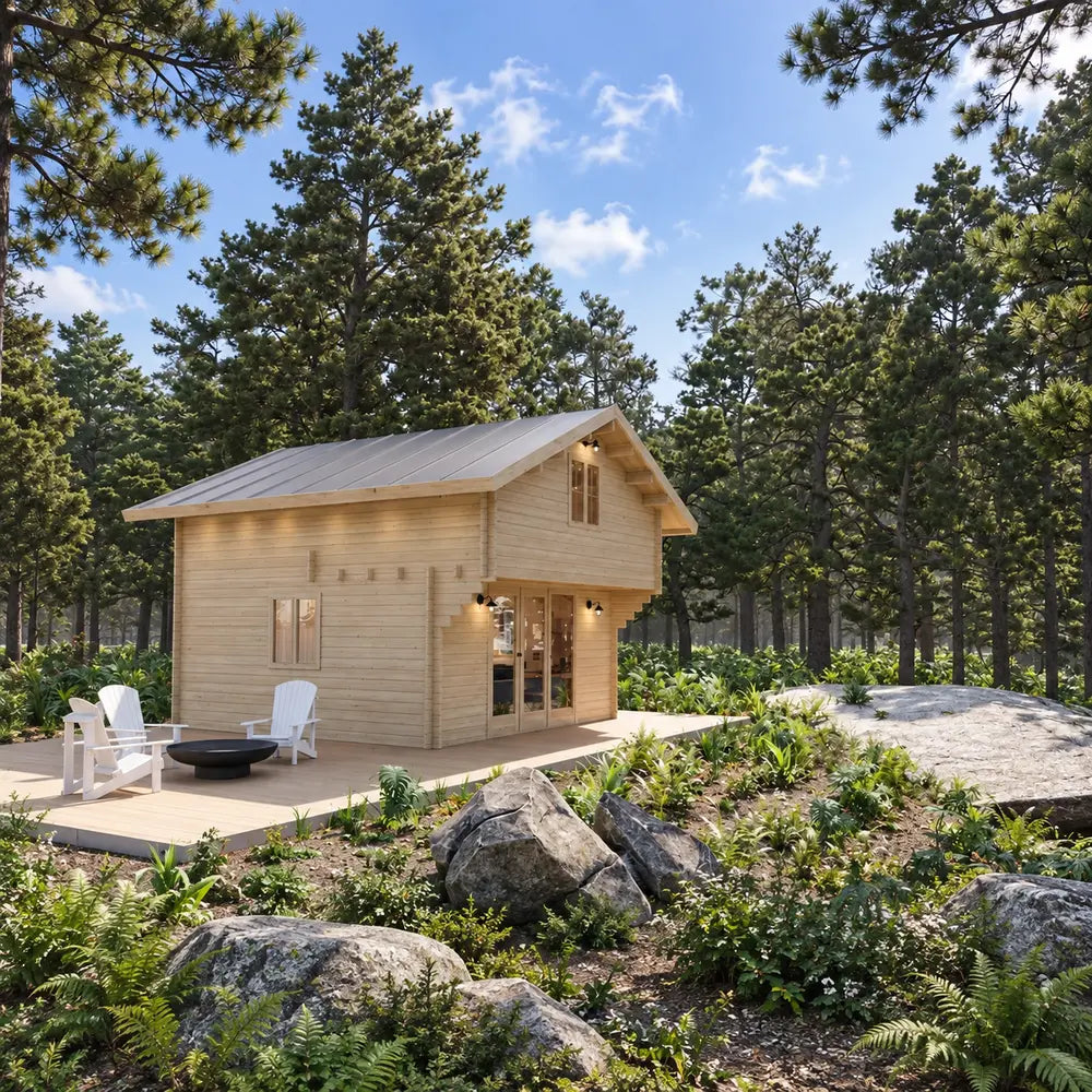 Front-angle view of the Northwood Grand DD cabin with glazed double doors, natural wood siding, a metal roof and white patio chairs.
