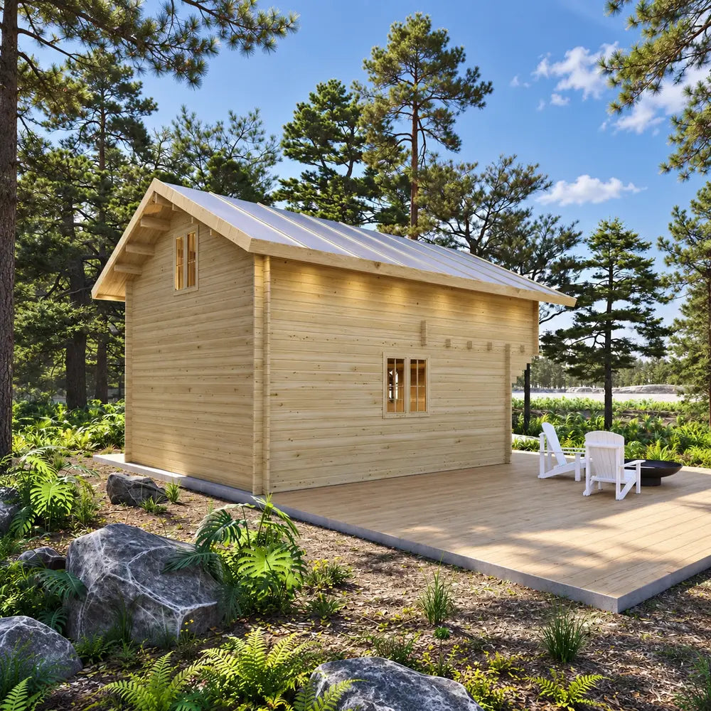 Rear view of the Northwood Grand cabin showing its natural wood paneling, small windows, metal roof and broad deck in a pine forest.
