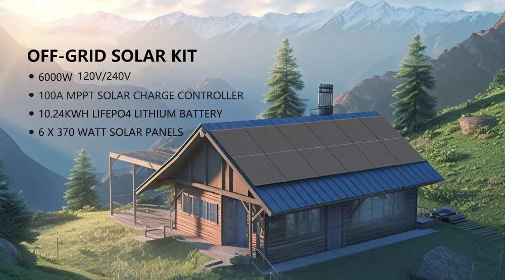 Off-grid mountain cabin powered by Sun Gold Power 6000W 48VDC 120V/240V LiFePO4 10.24KWH Lithium Battery Off-Grid Solar Kit with rooftop panels