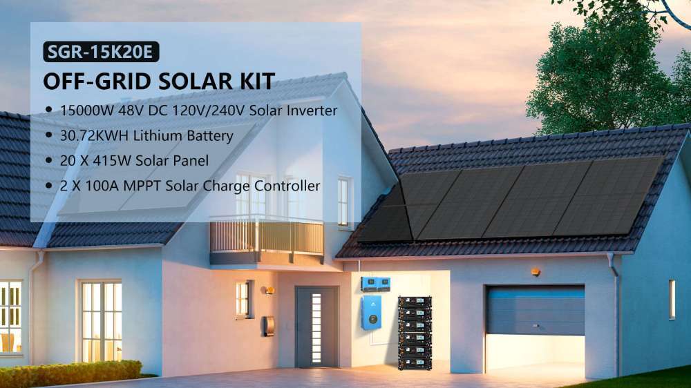 Off-grid solar home powered by Sun Gold Power 5-Layer Battery Rack with inverter, batteries, and solar panels