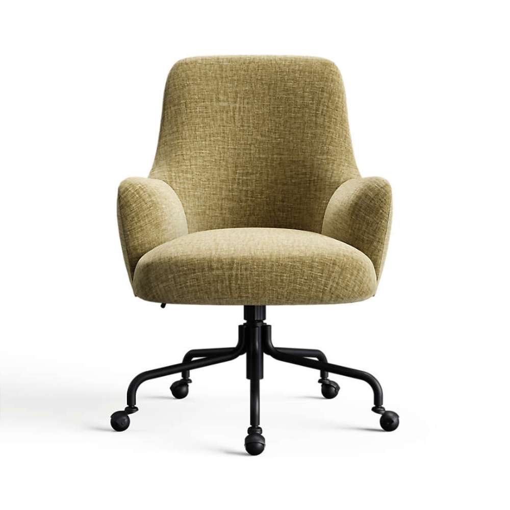 Olive Doux Chenille Crate & Barrel Bellevue Upholstered Office Chair in olive green chenille fabric with rounded arms and a rolling black base