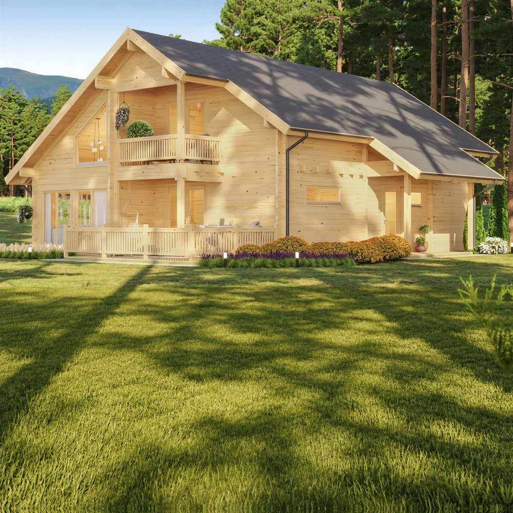 GardenHouse24 USA Olivia 90 Garden Room features a double-level wooden exterior with two balconies, porch fencing, and garden landscaping
