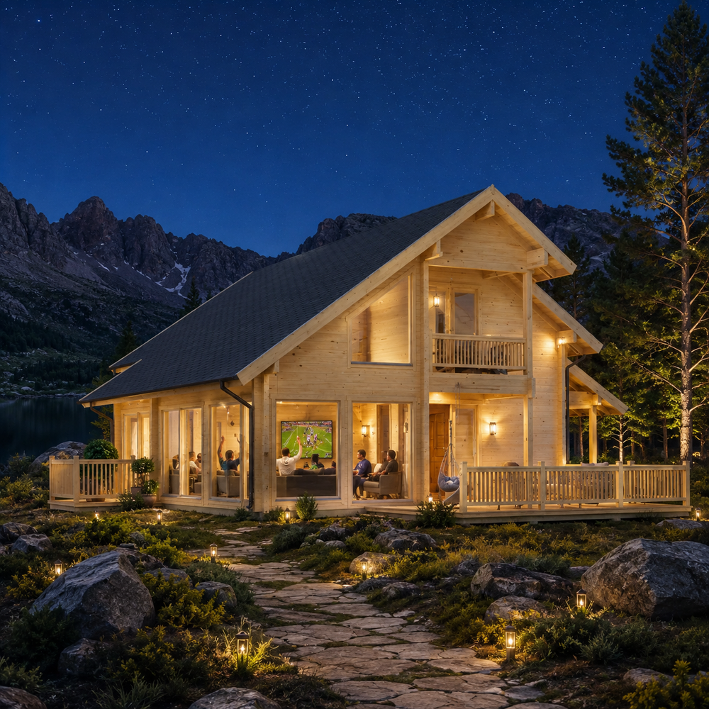 Olivia 90 Cabin Kit glowing brightly at night as family and friends watch sports inside beside an illuminated alpine lake in Wyoming’s Wind River Range.