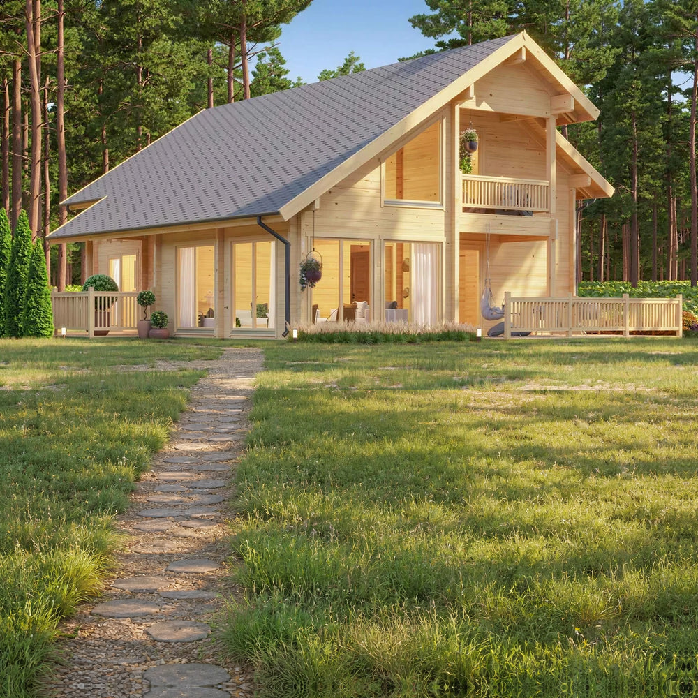 A modern GardenHouse24 USA Olivia 90 Garden Room with a sloped roof, wide glass doors, and a wraparound porch nestled in the woods