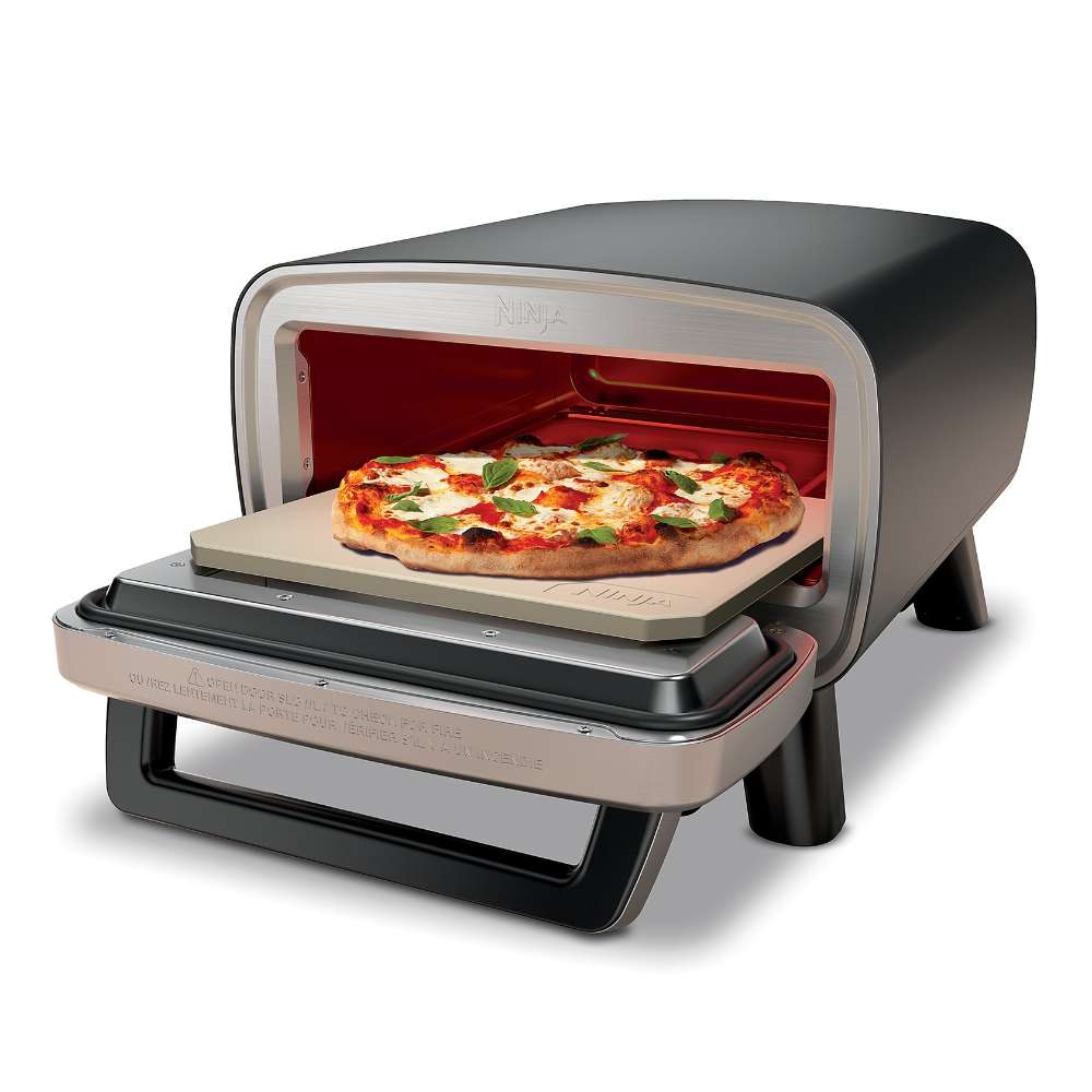 On a white background, Ninja Artisan 5-in-1 Portable Electric Pizza & Outdoor Oven is open with a pizza resting on the baking stone