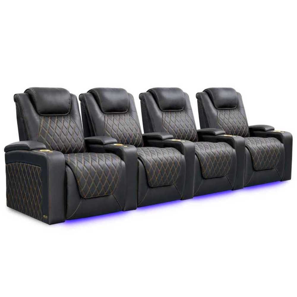 Onyx with Gold Stitching Valencia Oslo Ultimate Edition Home Theater Seating Row of 4 Width 130.75 Height 44.5 Depth 38