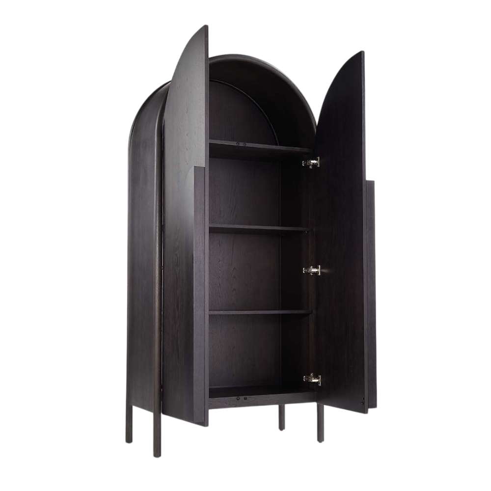 Open Crate & Barrel Annie 38" Charcoal Brown Storage Cabinet revealing spacious interior shelving for storage and organization