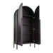 Open Crate & Barrel Annie 38" Charcoal Brown Storage Cabinet revealing spacious interior shelving for storage and organization