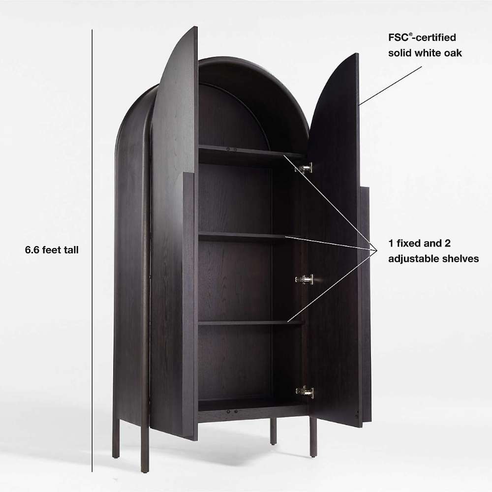 Open Crate & Barrel Annie 38" Charcoal Brown Storage Cabinet showing one fixed shelf, two adjustable shelves, and solid white oak construction