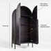 Open Crate & Barrel Annie 38" Charcoal Brown Storage Cabinet showing one fixed shelf, two adjustable shelves, and solid white oak construction