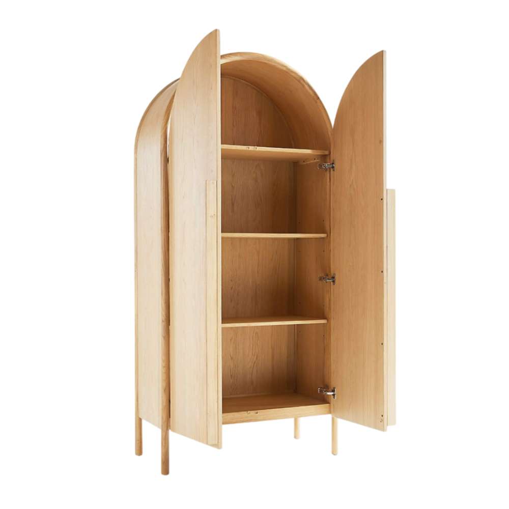 Open Crate & Barrel Annie 38" Natural Storage Cabinet revealing spacious interior shelving for storage and organization