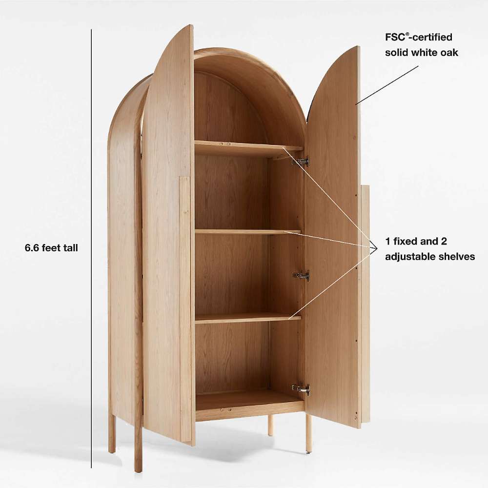 Open Crate & Barrel Annie 38" Natural Storage Cabinet showing one fixed shelf, two adjustable shelves, and solid white oak construction