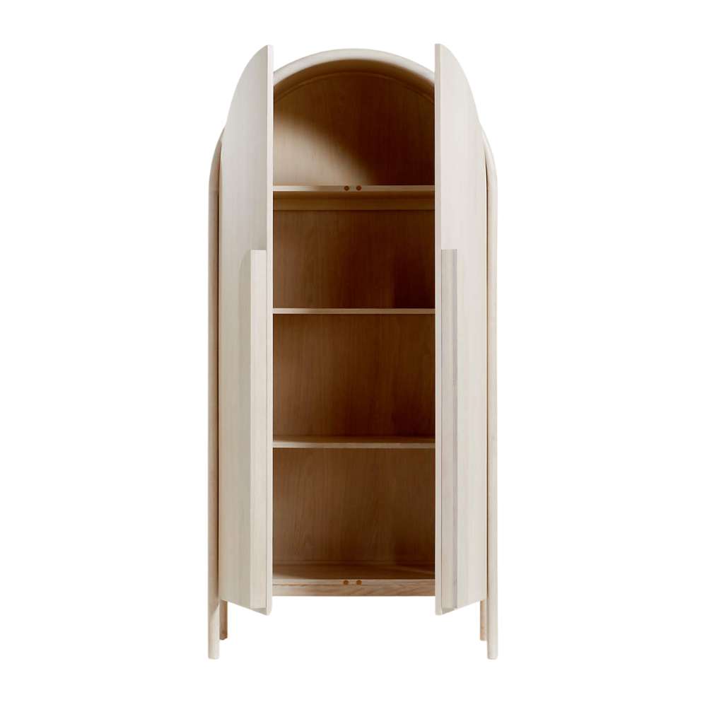 Open Crate & Barrel Annie 38" Whitewash Storage Cabinet showing spacious interior shelves for home storage