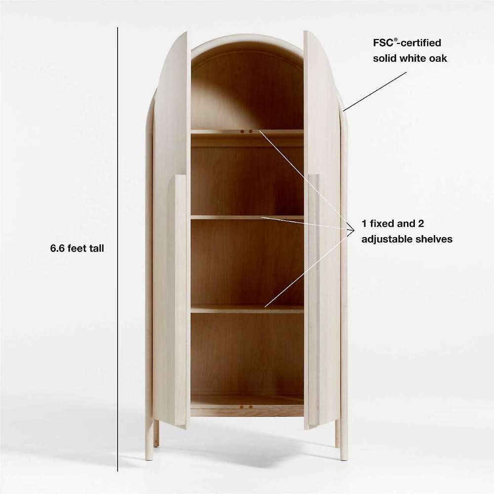 Open Crate & Barrel Annie 38" Whitewash Storage Cabinet with one fixed shelf, two adjustable shelves, and FSC-certified white oak