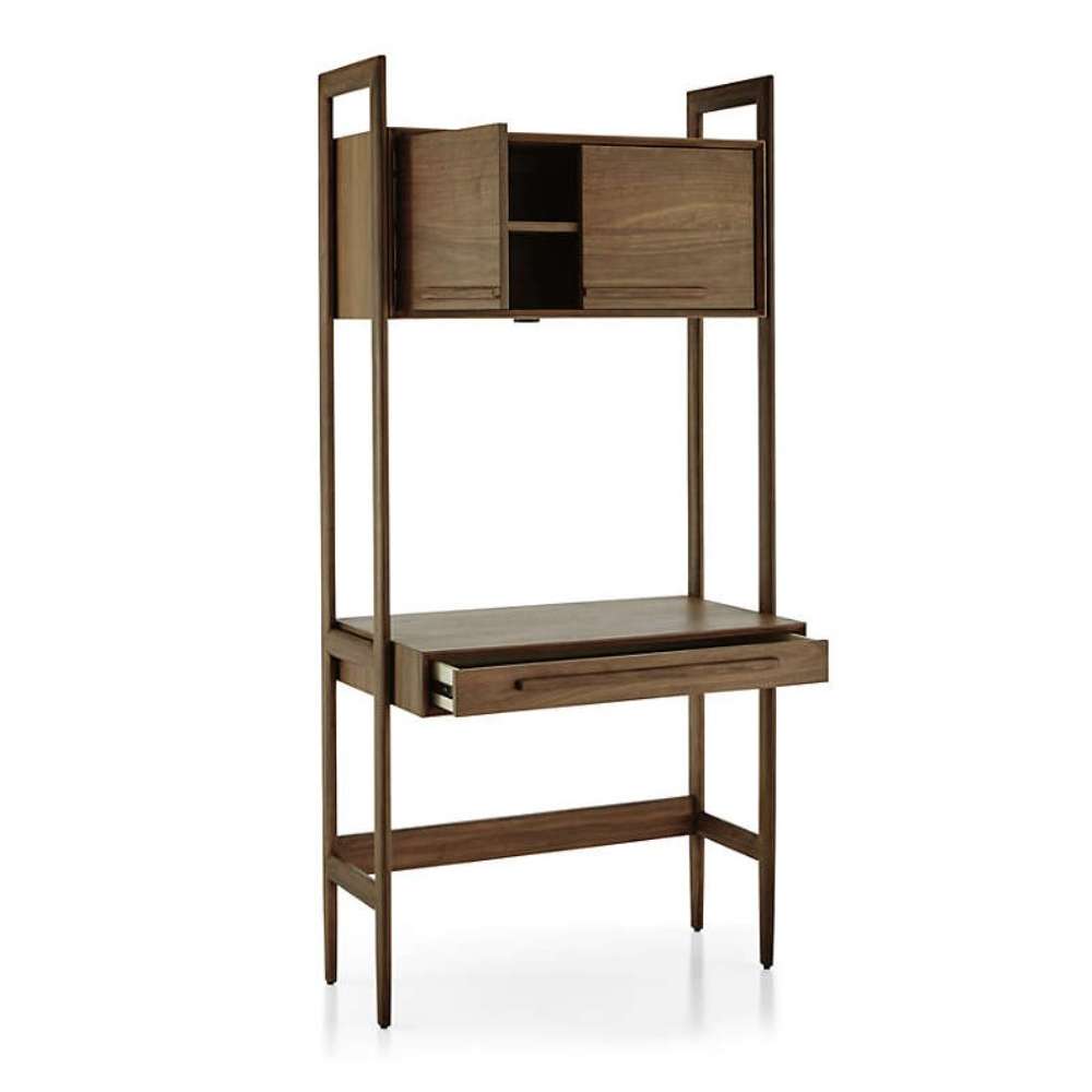 Open cabinet and pull-out drawer on Crate & Barrel Tate Walnut Bookcase Desk with Outlet reveal convenient storage space