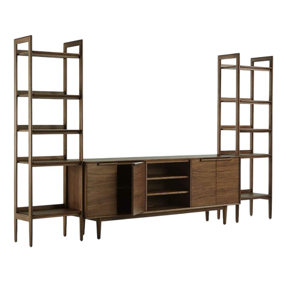 Open cabinet view of Crate & Barrel Tate 124" Walnut Storage Media Console and Bookshelf Set revealing interior storage compartments and shelving