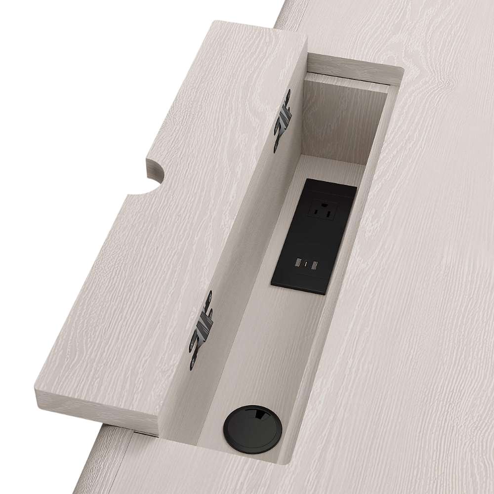 Open cable compartment with outlet panel on Crate & Barrel Lafayette 64" Whitewashed Desk with Outlets