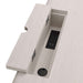 Open cable compartment with outlet panel on Crate & Barrel Lafayette 64" Whitewashed Desk with Outlets