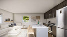 Open-concept kitchen and living area features neutral tones and modern furniture inside Sawmill Structures The Banff Garden Suites