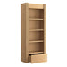 Open drawer view of Crate & Barrel Siena 34" Natural Wood 4-Shelf Storage Bookcase with Drawer showing additional hidden storage