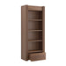 Open drawer view of Crate & Barrel Siena 34" Walnut Wood 4-Shelf Storage Bookcase with Drawer showing additional hidden storage