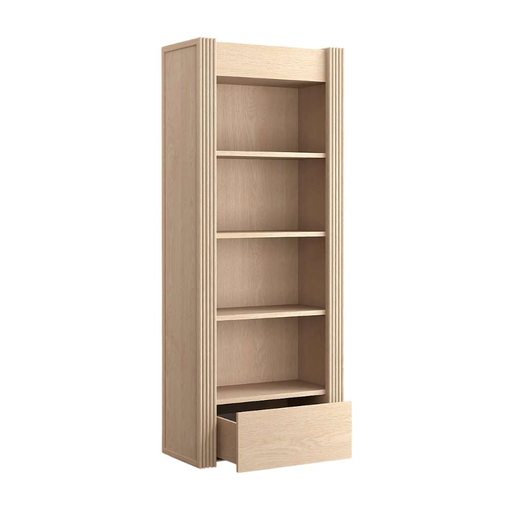 Open drawer view of Crate & Barrel Siena 34" Whitewash Wood 4-Shelf Storage Bookcase with Drawer showing hidden storage space