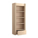 Open drawer view of Crate & Barrel Siena 34" Whitewash Wood 4-Shelf Storage Bookcase with Drawer showing hidden storage space