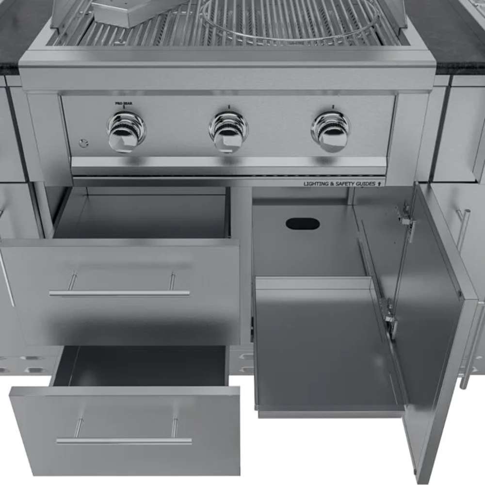 Open drawers and cabinet storage under the grill for organization in the Sunstone Texas Tango 19ft Outdoor Kitchen Island Package