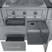 Open drawers and cabinet storage under the grill for organization in the Sunstone Texas Tango 19ft Outdoor Kitchen Island Package