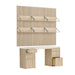 Open drawers and six wall-mounted shelves showcase the storage options of Crate & Barrel Batten 62" White Oak Wood Desk with White Marble Top and Panel Set with 6 Reversible Shelves