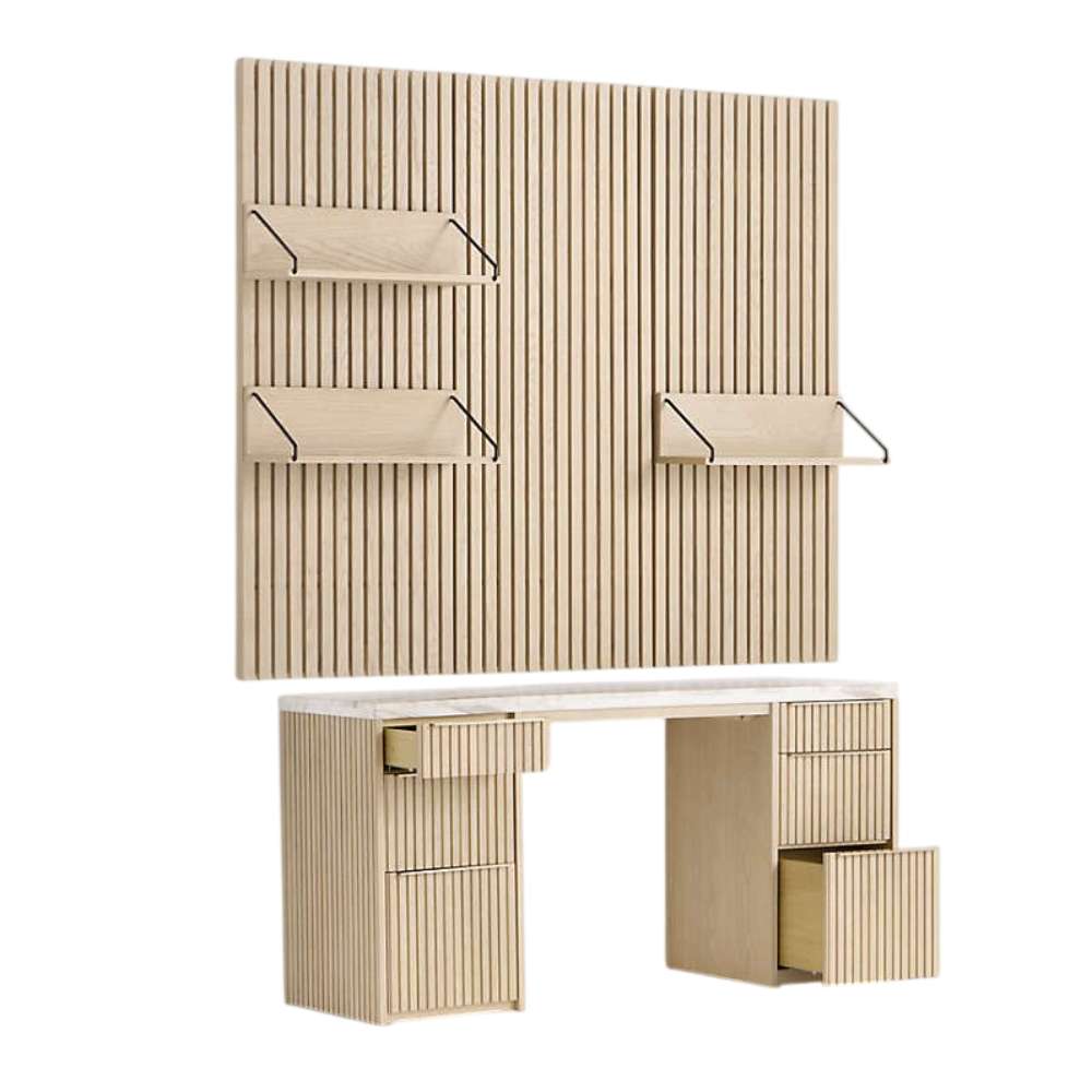 Open drawers and wall-mounted storage shelves highlight the functionality of Crate & Barrel Batten 62" White Oak Wood Desk with White Marble Top and Panel Set with 3 Reversible Shelves