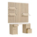 Open drawers and wall-mounted storage shelves highlight the functionality of Crate & Barrel Batten 62" White Oak Wood Desk with White Marble Top and Panel Set with 3 Reversible Shelves