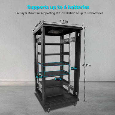 Open-frame Sun Gold Power Enclosed Battery Cabinet 6 Slot with Bus Bar showing six battery shelves and cabinet dimensions