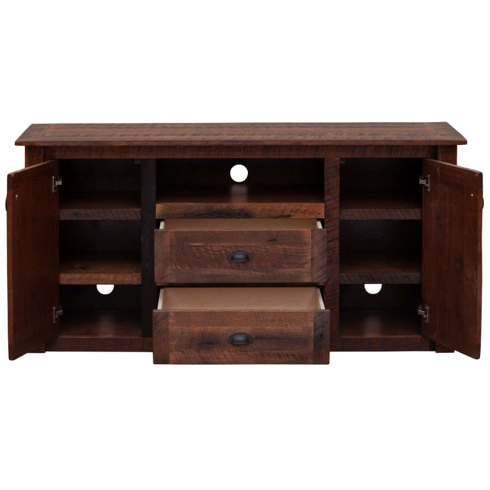 Open-front view of Fireside Lodge Barnwood Widescreen Television Stand displays its interior shelves and two pulled-out drawers crafted from dark, weathered wood