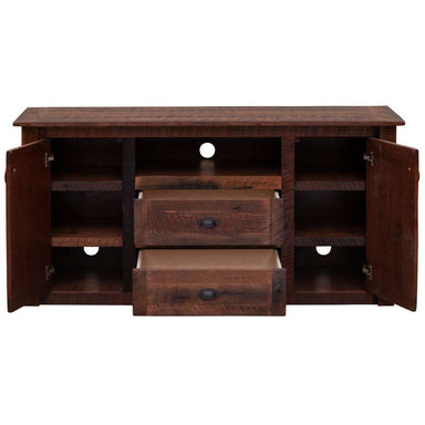 Open-front view of Fireside Lodge Barnwood Widescreen Television Stand displays its interior shelves and two pulled-out drawers crafted from dark, weathered wood