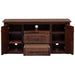 Open-front view of Fireside Lodge Barnwood Widescreen Television Stand displays its interior shelves and two pulled-out drawers crafted from dark, weathered wood