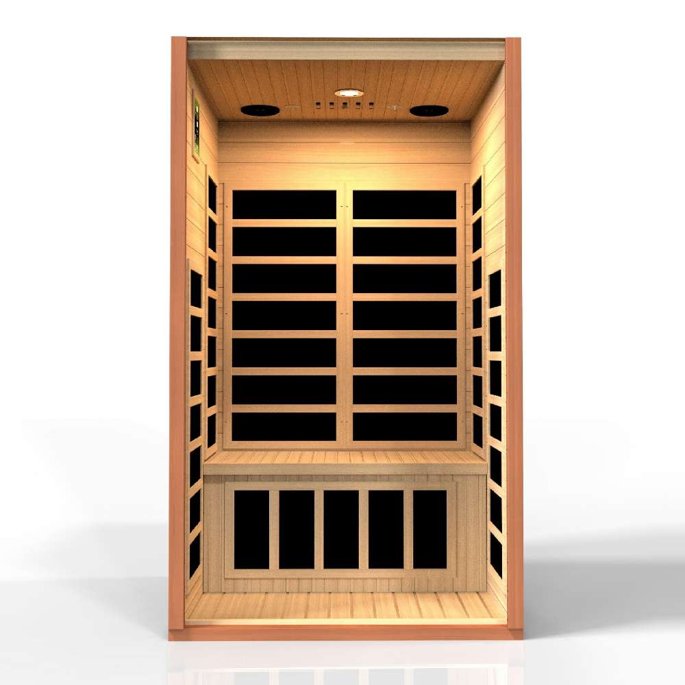 Open front view of Golden Designs Dynamic Avila 1-2 Person Low EMF Far Infrared Sauna showing lit carbon panels on the back wall and below the bench