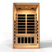 Open front view of Golden Designs Dynamic Avila 1-2 Person Low EMF Far Infrared Sauna showing lit carbon panels on the back wall and below the bench