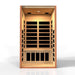 Open front view of Golden Designs Dynamic Avila Elite 1-2 Person Ultra Low EMF Far Infrared Sauna showing lit carbon panels on the back wall and under the bench