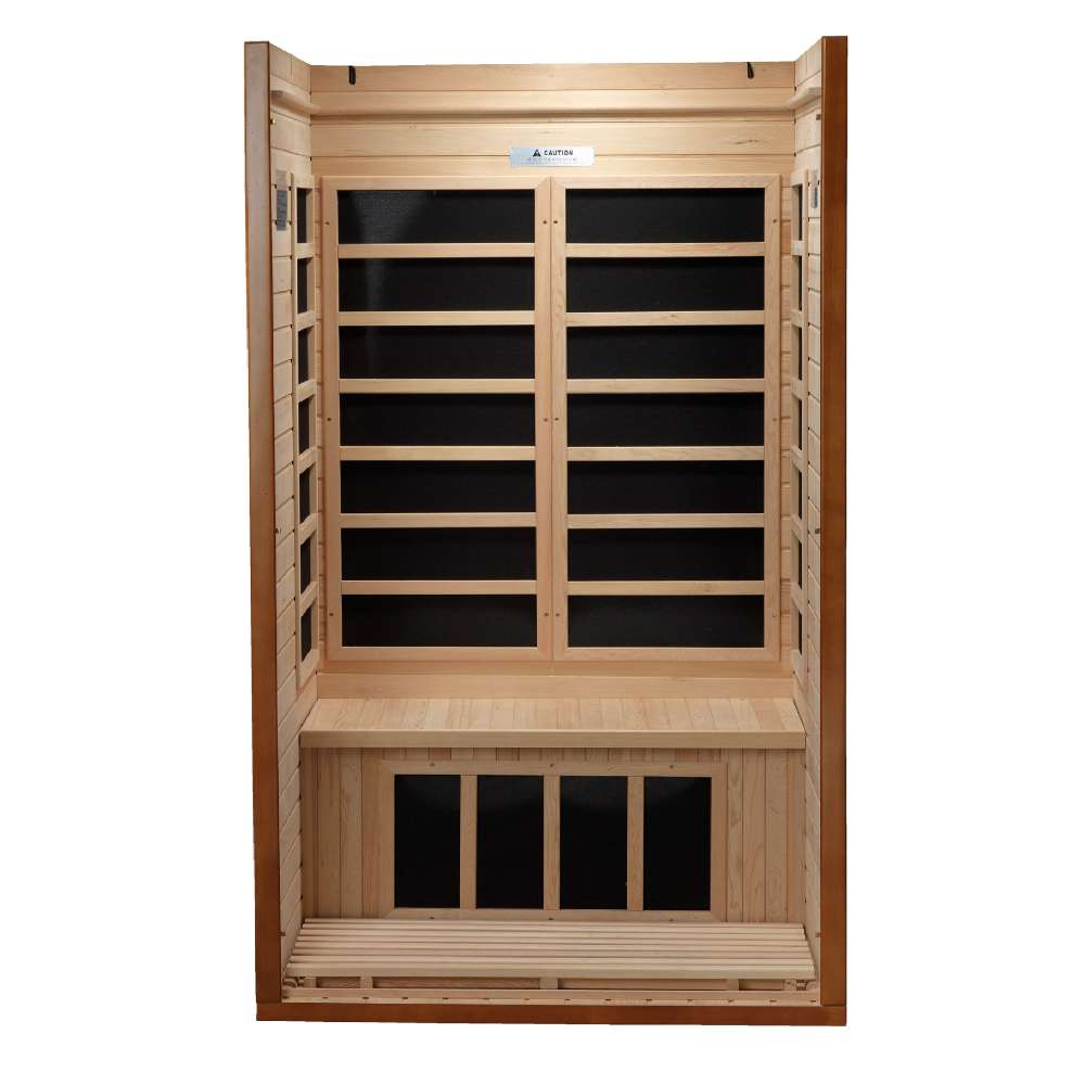 Open front view of Golden Designs Dynamic Barcelona 1-2 Person Low EMF Far Infrared Sauna showing carbon panels on the back wall and under the bench