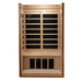 Open front view of Golden Designs Dynamic Barcelona 1-2 Person Low EMF Far Infrared Sauna showing carbon panels on the back wall and under the bench