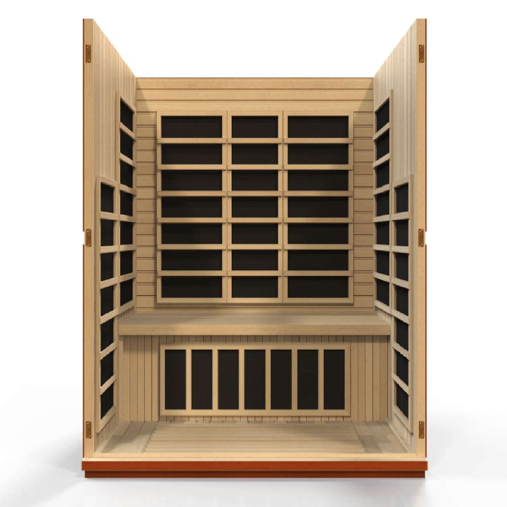 Open front view of Golden Designs Dynamic Bellagio 3 Person Low EMF Far Infrared Sauna showing rows of carbon panels on the back wall and under the bench