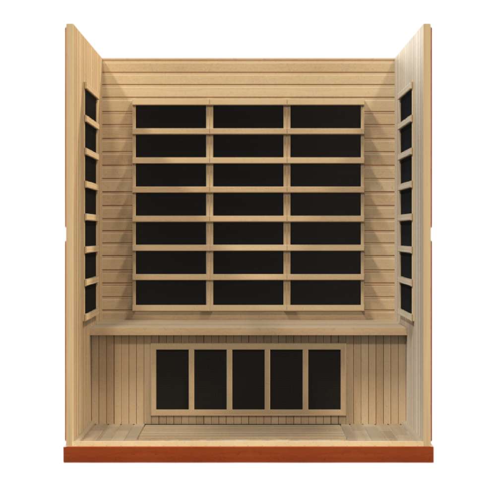 Open front view of Golden Designs Dynamic Bergamo 4 Person Low EMF Far Infrared Sauna showing rows of carbon panels on the back wall and under the bench